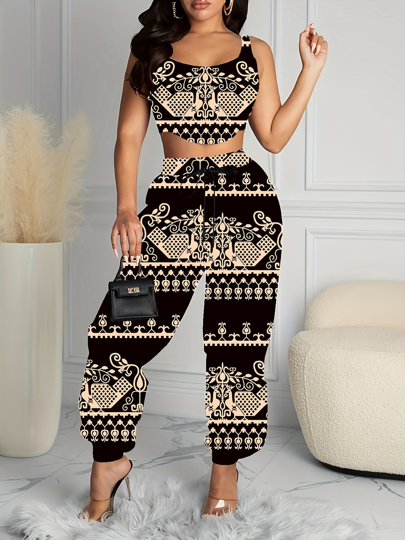 Elegant Women'S Paisley Print Crop Top and Jogger Pants Set, Polyester Spandex Blend, Woven, with Spaghetti Strap, for All-Season